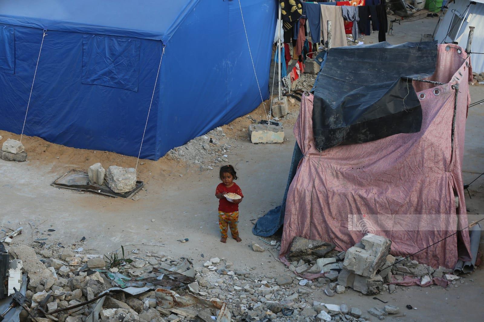 نازحون يواجهون ظروفا معيشية قاسية داخل الخيام التي نصبت في حي الرمال بمدينة غزة